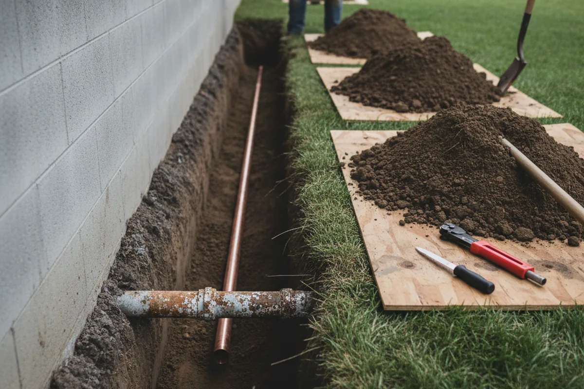 Excavated water line trench during Water Softener Installation in Waukee
